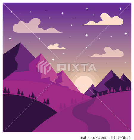 landscape illustration natural scenery background with hills,sky,moon,clouds,sun pine lake landscape illustration natural scenery background with hills,sky,moon,clouds,sun pine lake 131795695