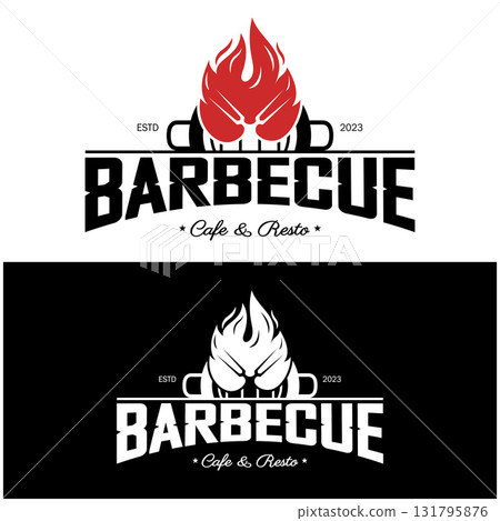 Simple Barbecue Vintage hot grill, with crossed flames and spatula. Logo for restaurant, badge, cafe and bar.vector 131795876