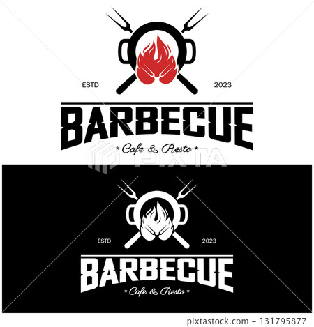 Simple Barbecue Vintage hot grill, with crossed flames and spatula. Logo for restaurant, badge, cafe and bar.vector 131795877