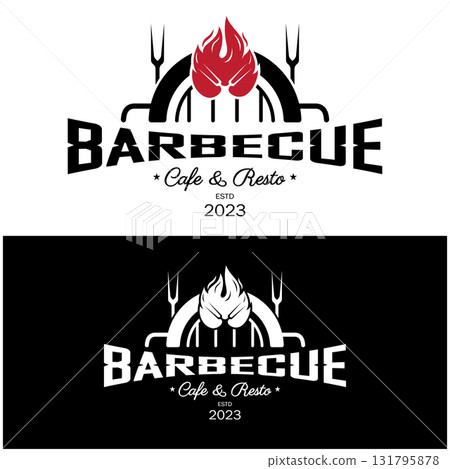 Simple Barbecue Vintage hot grill, with crossed flames and spatula. Logo for restaurant, badge, cafe and bar.vector 131795878