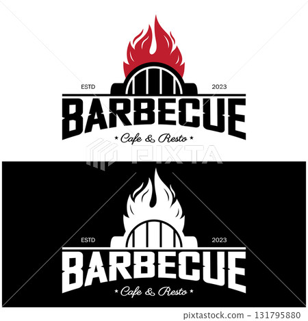 Simple Barbecue Vintage hot grill, with crossed flames and spatula. Logo for restaurant, badge, cafe and bar.vector 131795880