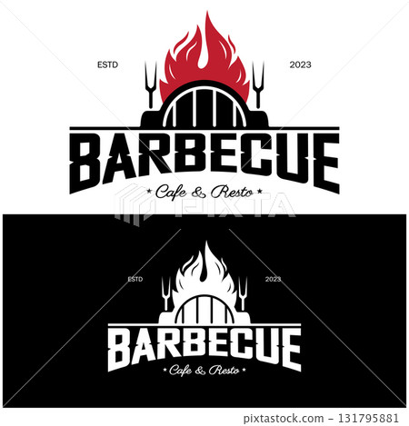 Simple Barbecue Vintage hot grill, with crossed flames and spatula. Logo for restaurant, badge, cafe and bar.vector 131795881