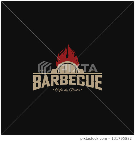 Simple Barbecue Vintage hot grill, with crossed flames and spatula. Logo for restaurant, badge, cafe and bar.vector Simple Barbecue Vintage hot grill, with crossed flames and spatula. Logo for restaurant, badge, cafe and bar.vector 131795882