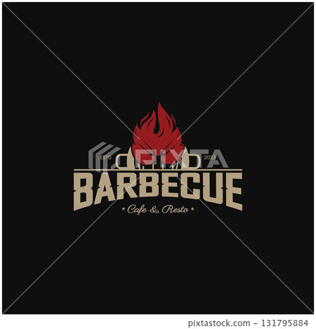 Simple Barbecue Vintage hot grill, with crossed flames and spatula. Logo for restaurant, badge, cafe and bar.vector Simple Barbecue Vintage hot grill, with crossed flames and spatula. Logo for restaurant, badge, cafe and bar.vector 131795884