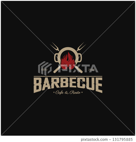 Simple Barbecue Vintage hot grill, with crossed flames and spatula. Logo for restaurant, badge, cafe and bar.vector 131795885