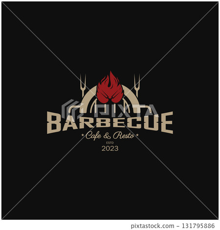 Simple Barbecue Vintage hot grill, with crossed flames and spatula. Logo for restaurant, badge, cafe and bar.vector Simple Barbecue Vintage hot grill, with crossed flames and spatula. Logo for restaurant, badge, cafe and bar.vector 131795886