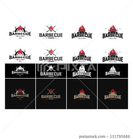 Simple Barbecue Vintage hot grill, with crossed flames and spatula. Logo for restaurant, badge, cafe and bar.vector 131795888