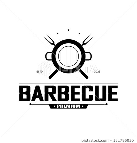 Simple Barbecue Vintage hot grill, with crossed flames and spatula. Logo for restaurant, badge, cafe and bar.vector 131796030