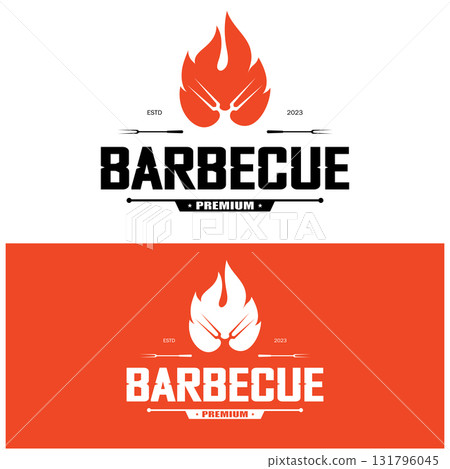 Simple Barbecue Vintage hot grill, with crossed flames and spatula. Logo for restaurant, badge, cafe and bar.vector 131796045