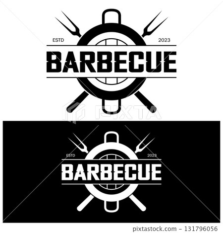 Simple Barbecue Vintage hot grill, with crossed flames and spatula. Logo for restaurant, badge, cafe and bar.vector Simple Barbecue Vintage hot grill, with crossed flames and spatula. Logo for restaurant, badge, cafe and bar.vector 131796056