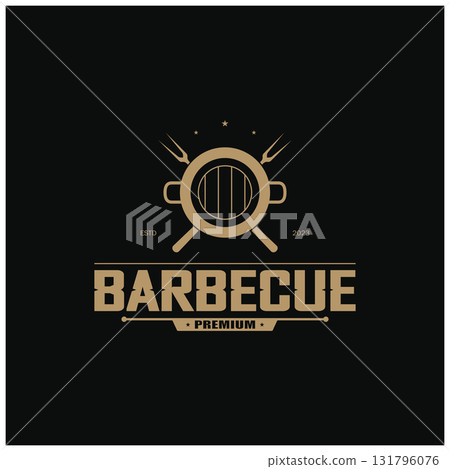 Simple Barbecue Vintage hot grill, with crossed flames and spatula. Logo for restaurant, badge, cafe and bar.vector Simple Barbecue Vintage hot grill, with crossed flames and spatula. Logo for restaurant, badge, cafe and bar.vector 131796076
