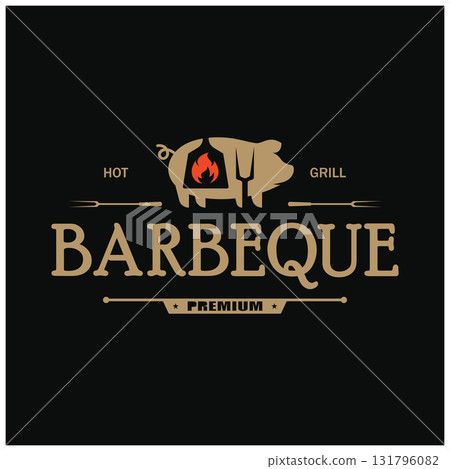 Simple Barbecue Vintage hot grill, with crossed flames and spatula. Logo for restaurant, badge, cafe and bar.vector Simple Barbecue Vintage hot grill, with crossed flames and spatula. Logo for restaurant, badge, cafe and bar.vector 131796082