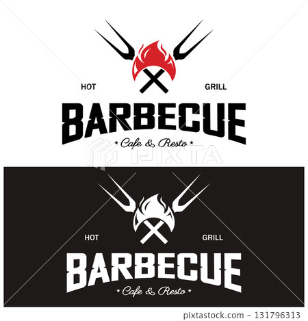 Simple Barbecue Vintage hot grill, with crossed flames and spatula. Logo for restaurant, badge, cafe and bar.vector 131796313