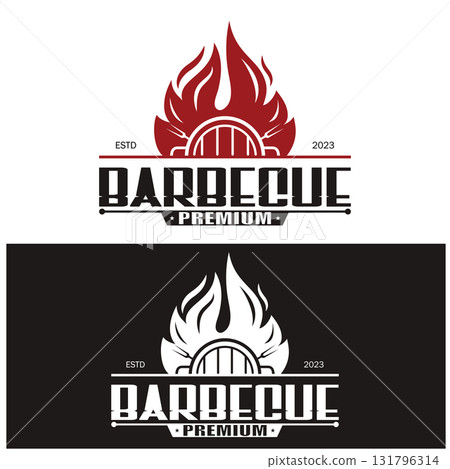 Simple Barbecue Vintage hot grill, with crossed flames and spatula. Logo for restaurant, badge, cafe and bar.vector Simple Barbecue Vintage hot grill, with crossed flames and spatula. Logo for restaurant, badge, cafe and bar.vector 131796314
