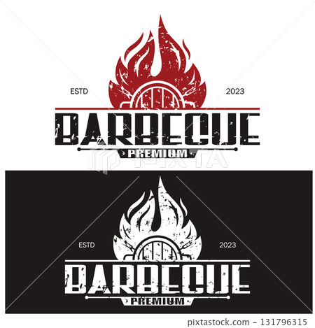 Simple Barbecue Vintage hot grill, with crossed flames and spatula. Logo for restaurant, badge, cafe and bar.vector 131796315