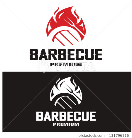 Simple Barbecue Vintage hot grill, with crossed flames and spatula. Logo for restaurant, badge, cafe and bar.vector 131796316