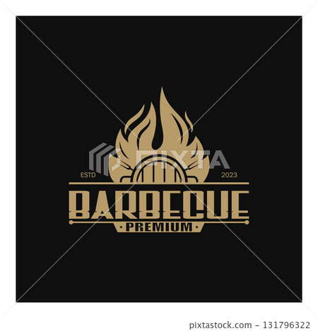 Simple Barbecue Vintage hot grill, with crossed flames and spatula. Logo for restaurant, badge, cafe and bar.vector 131796322