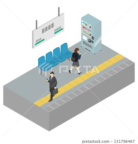 Isometric illustration: A person walking and using a smartphone on a station platform Isometric illustration: A person walking and using a smartphone on a station platform 131796467