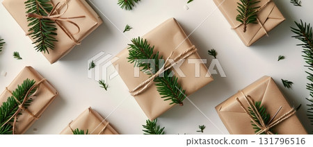 Eco friendly Christmas gifts wrapped in kraft paper with natural decor Eco friendly Christmas gifts wrapped in kraft paper with natural decor 131796516