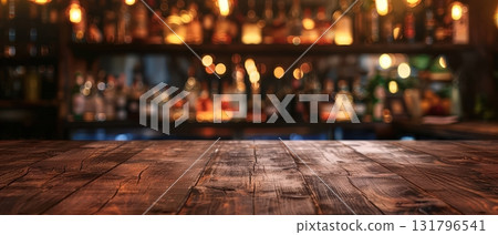 Rustic wooden bar counter with warm bokeh lights in background 131796541