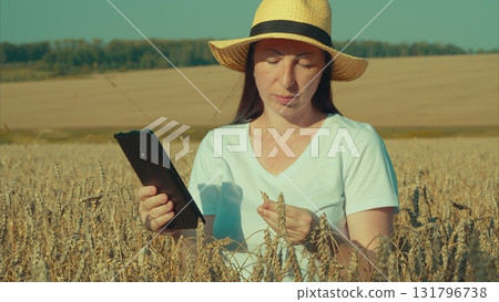 A woman is in a vast field utilizing a tablet to effectively monitor the health of her crops 131796738