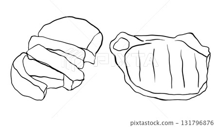 Sketch of piece of meat. Hand drawn ink vector illustration of steak. Linear graphic elements beef or por for design isolated on white background. 131796876