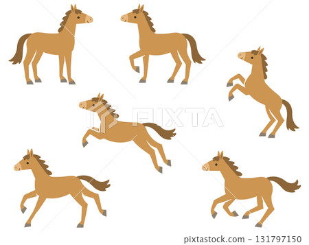 Illustration set of brown horses in various poses 131797150
