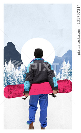 Contemporary collage. Man with snowboard looking at winter mountain sunrise Contemporary collage. Man with snowboard looking at winter mountain sunrise 131797314