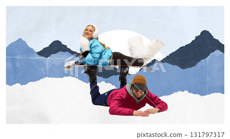 Minimalist collage. Playful couple snowboarding together in winter mountains Minimalist collage. Playful couple snowboarding together in winter mountains 131797317