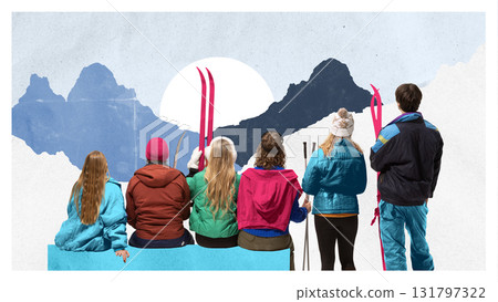 Bright collage. Group of friends with skis admiring snowy mountains 131797322