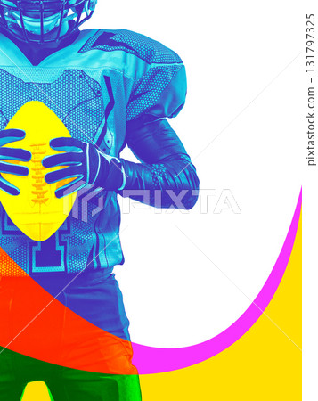 American football player holding ball in colorful abstract wave collage American football player holding ball in colorful abstract wave collage 131797325