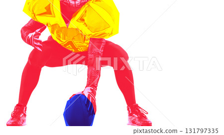 Contemporary collage. American football player preparing for game with intense focus 131797335