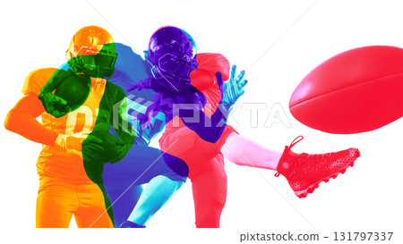 American football player in colorful overlap collage during active play. 131797337