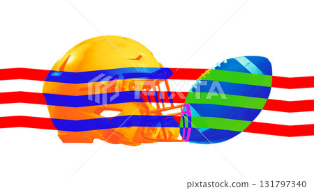 Surreal collage art. American football helmet and ball with abstract colorful stripes Surreal collage art. American football helmet and ball with abstract colorful stripes 131797340