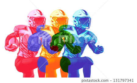 Trendy collage. Running football player in colorful repetition motion effect Trendy collage. Running football player in colorful repetition motion effect 131797341