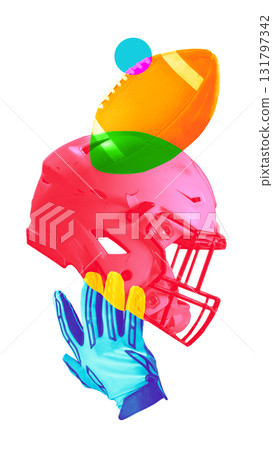 Colorful composition with football helmet, glove, and ball 131797342