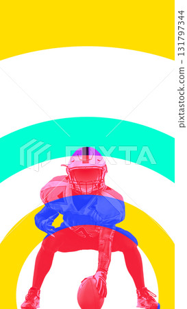 Bold colorful poster. American football player crouching in colorful concentric arcs Bold colorful poster. American football player crouching in colorful concentric arcs 131797344