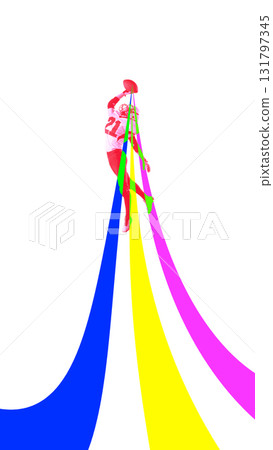 Graphic composition. Football player leaping upward with colorful energy trails 131797345