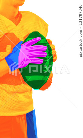 Digital artwork. Athlete holding football in colorful uniform with bright contrast 131797346