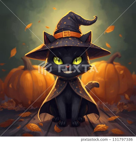 萬聖節南瓜黑貓打扮成女巫 131797386