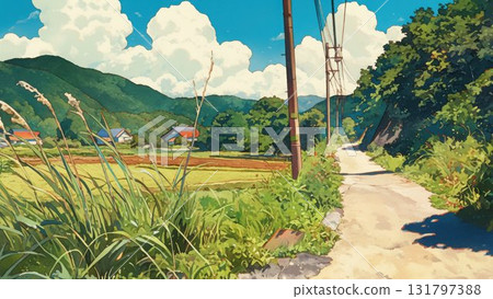 夏季鄉村景觀和藍天小路鬱鬱蔥蔥的山村景觀插圖 夏季鄉村景觀和藍天小路鬱鬱蔥蔥的山村景觀插圖 131797388