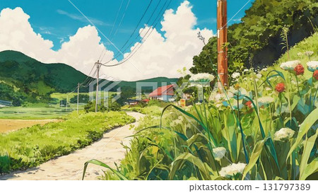 Summer country road and flowering meadow blue sky landscape illustration 131797389