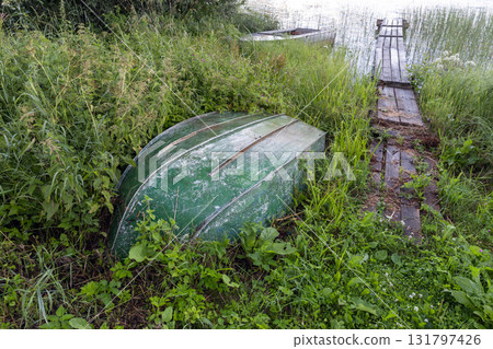 An abandoned green boat lies upside downin tall grasses on the lake coast 131797426