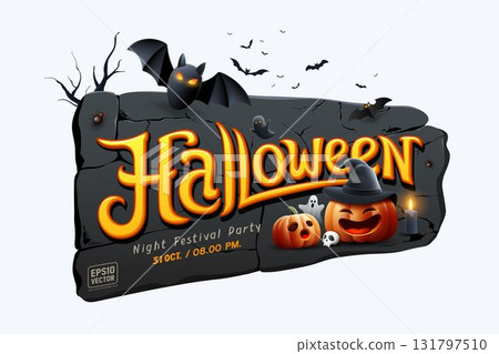 Happy Halloween text design on black broken stone wall banner concept poster design background 131797510