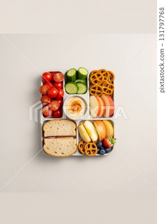 Healthy bento lunch box with a sandwich, fresh fruit, and vegetables. Meal prep for a balanced school or work diet. Top view flat lay with copy space 131797768