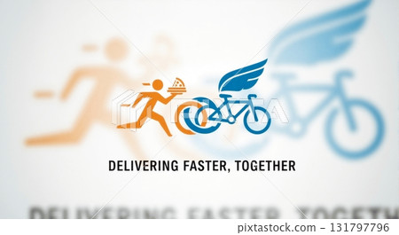 Fast food delivery service logo with a running courier and winged bicycle. A modern graphic concept for speed, partnership, and collaboration Fast food delivery service logo with a running courier and winged bicycle. A modern graphic concept for speed, partnership, and collaboration 131797796