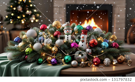 A cozy Christmas arrangement with a tree decorated with snow and shiny balls. A cozy Christmas arrangement with a tree decorated with snow and shiny balls. 131797832
