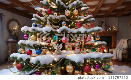 A cozy Christmas arrangement with a tree decorated with snow and shiny balls. A cozy Christmas arrangement with a tree decorated with snow and shiny balls. 131797850