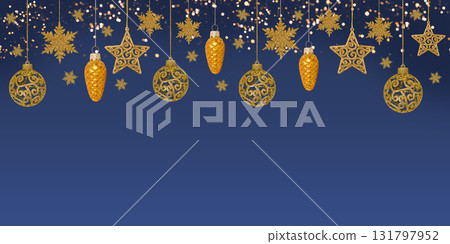 Christmas blue background with Christmas tree decorations with a golden snowflake, star and cone and golden lights with copy space. New Year and Christmas card. 131797952