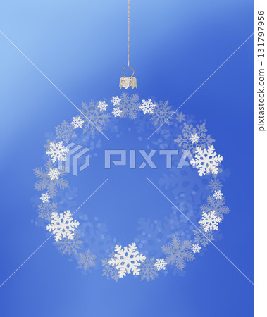 Christmas blue background of white snowflakes flying in the air in the shape of a ball on a Christmas tree. Holiday card for New Year and Christmas with space for greetings, labels and your design. 131797956